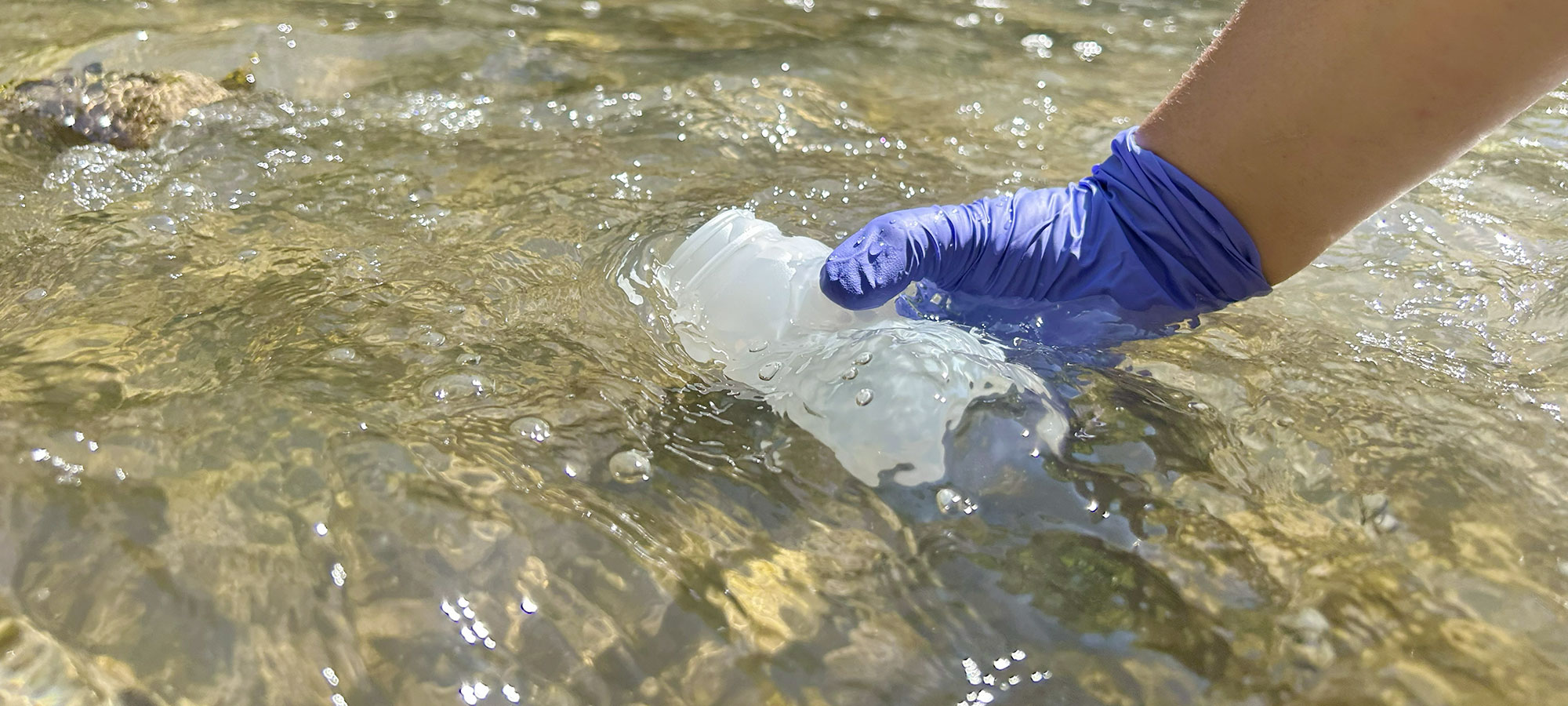 A gloved hand takes a sample, in a bottle, of water in a watercourse.